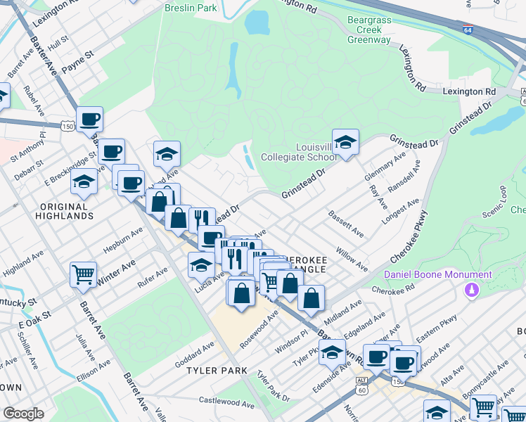 map of restaurants, bars, coffee shops, grocery stores, and more near 1126 Hilliard Avenue in Louisville