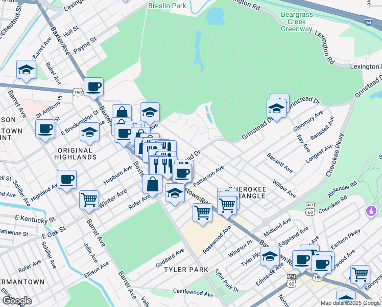 map of restaurants, bars, coffee shops, grocery stores, and more near in Louisville