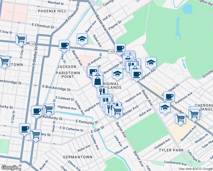 map of restaurants, bars, coffee shops, grocery stores, and more near 1317 Morton Avenue in Louisville