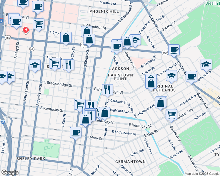 map of restaurants, bars, coffee shops, grocery stores, and more near 936 East Breckinridge Street in Louisville