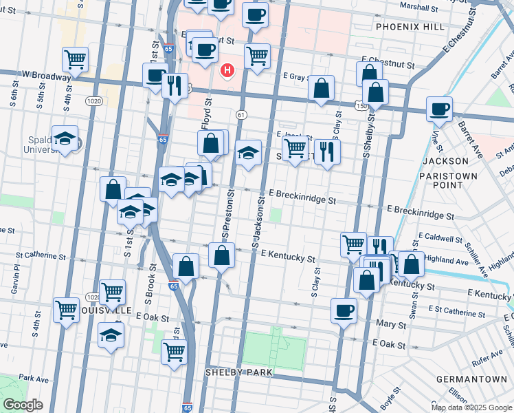 map of restaurants, bars, coffee shops, grocery stores, and more near 929 South Jackson Street in Louisville
