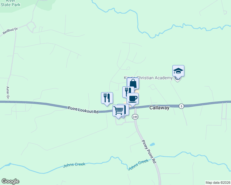 map of restaurants, bars, coffee shops, grocery stores, and more near 20815 Harlequin Lane in Callaway