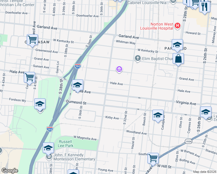 map of restaurants, bars, coffee shops, grocery stores, and more near 1150 South 34th Street in Louisville