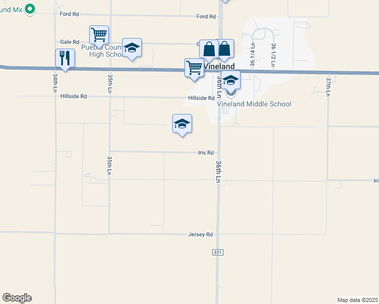 map of restaurants, bars, coffee shops, grocery stores, and more near 35777 Iris Road in Pueblo