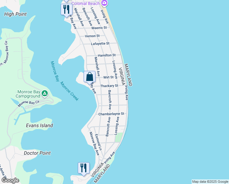 map of restaurants, bars, coffee shops, grocery stores, and more near 105 Sulgrave Street in Colonial Beach