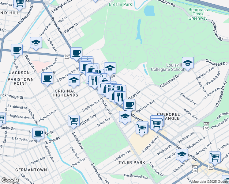 map of restaurants, bars, coffee shops, grocery stores, and more near 1051 Bardstown Road in Louisville