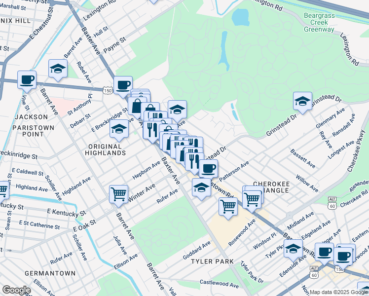 map of restaurants, bars, coffee shops, grocery stores, and more near 1040 Cherokee Road in Louisville