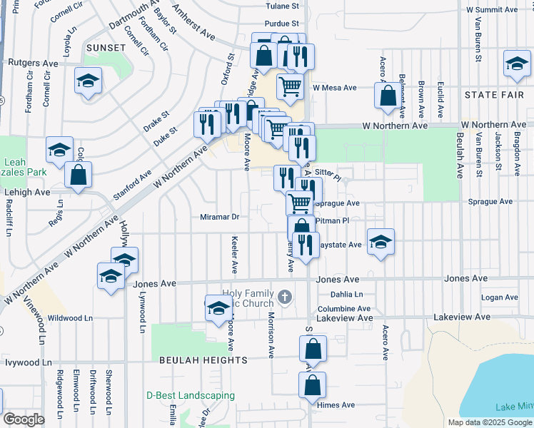 map of restaurants, bars, coffee shops, grocery stores, and more near 3005 Baystate Avenue in Pueblo