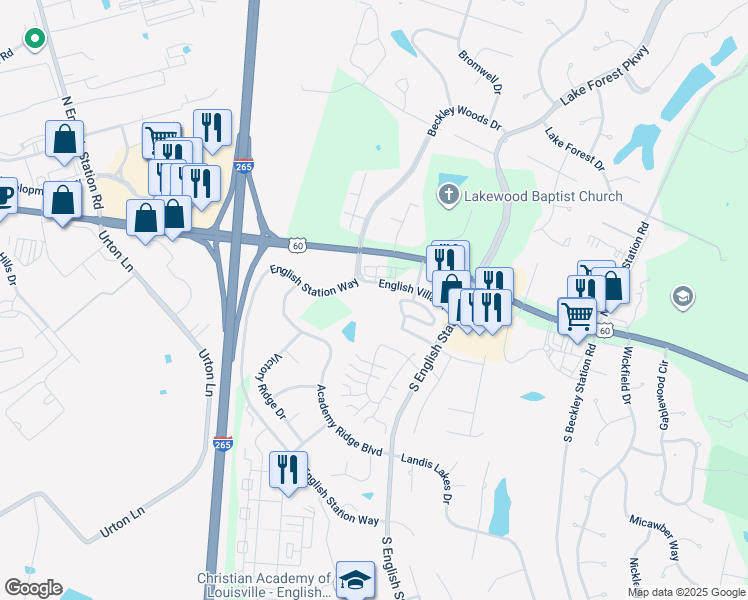 map of restaurants, bars, coffee shops, grocery stores, and more near 13700 English Villa Drive in Louisville