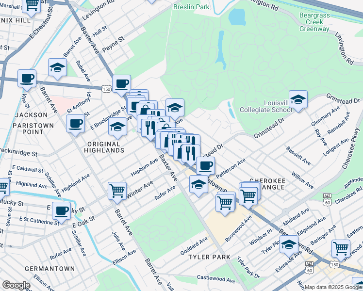 map of restaurants, bars, coffee shops, grocery stores, and more near 1051 Bardstown Road in Louisville