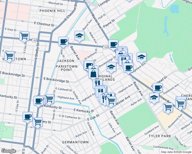 map of restaurants, bars, coffee shops, grocery stores, and more near 1317 Morton Avenue in Louisville
