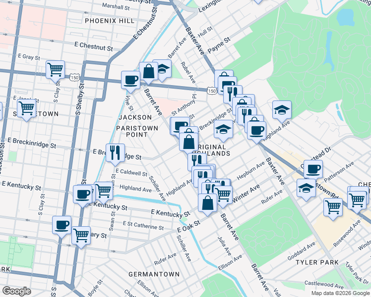 map of restaurants, bars, coffee shops, grocery stores, and more near in Louisville