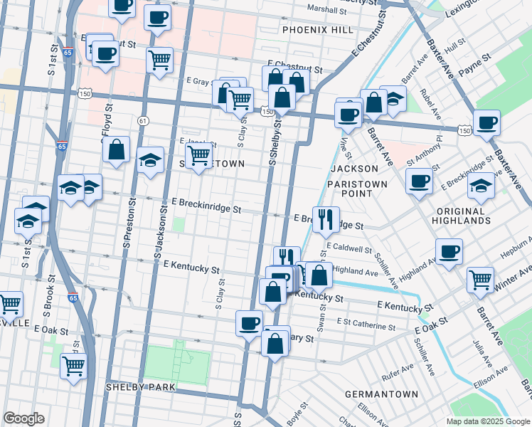 map of restaurants, bars, coffee shops, grocery stores, and more near 909 South Shelby Street in Louisville