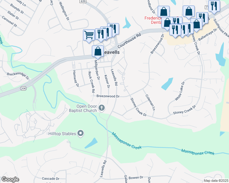 map of restaurants, bars, coffee shops, grocery stores, and more near 10404 Leavells Road in Fredericksburg