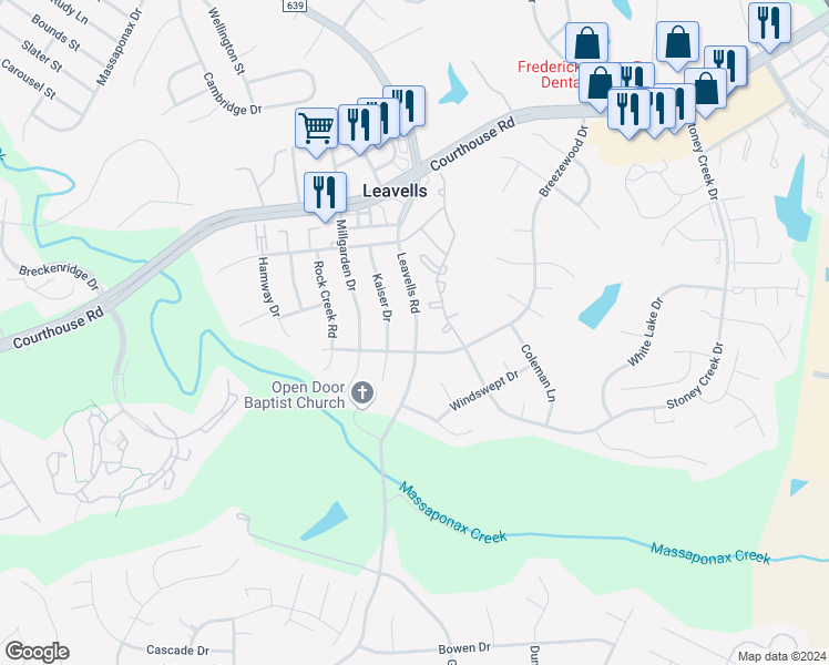 map of restaurants, bars, coffee shops, grocery stores, and more near 10406 Leavells Road in Fredericksburg