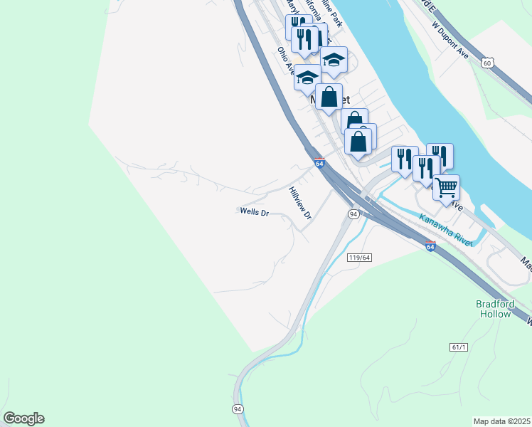 map of restaurants, bars, coffee shops, grocery stores, and more near Hillview Drive in Marmet
