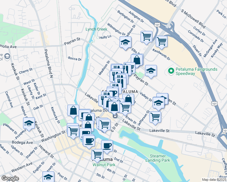 map of restaurants, bars, coffee shops, grocery stores, and more near 167 Wilson Street in Petaluma