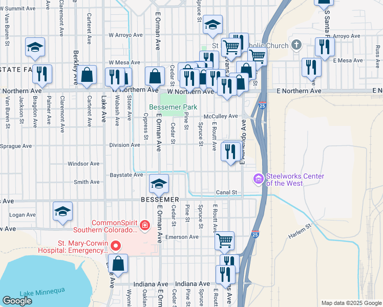 map of restaurants, bars, coffee shops, grocery stores, and more near 1512 Pine Street in Pueblo