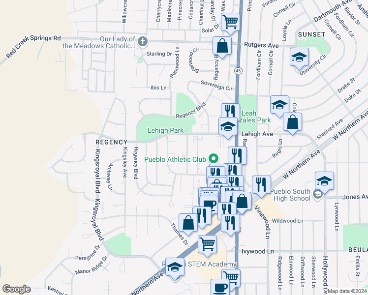 map of restaurants, bars, coffee shops, grocery stores, and more near 47 Castle Royal Drive in Pueblo