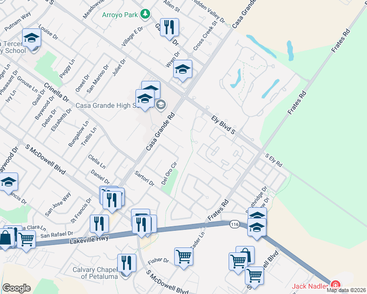 map of restaurants, bars, coffee shops, grocery stores, and more near 1679 Del Oro Circle in Petaluma