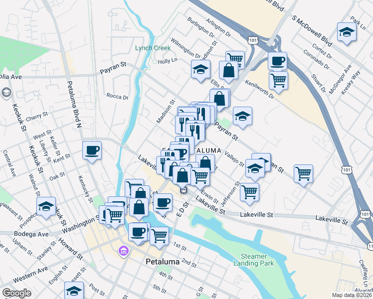 map of restaurants, bars, coffee shops, grocery stores, and more near 218 Edith Street in Petaluma