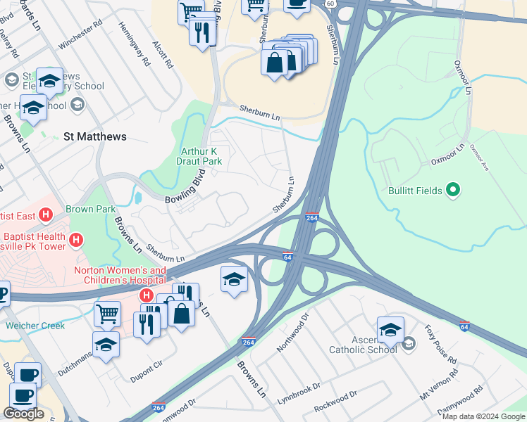 map of restaurants, bars, coffee shops, grocery stores, and more near 4851 Sherburn Lane in Louisville