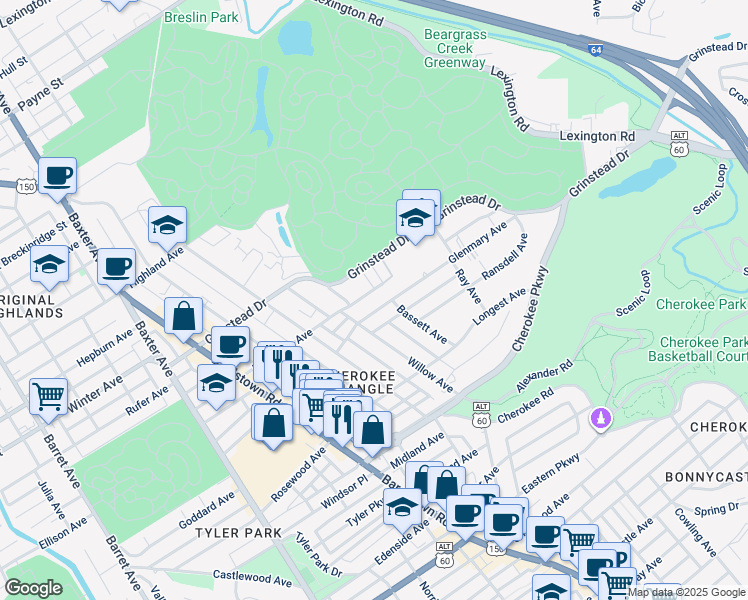 map of restaurants, bars, coffee shops, grocery stores, and more near 2318 Glenmary Avenue in Louisville