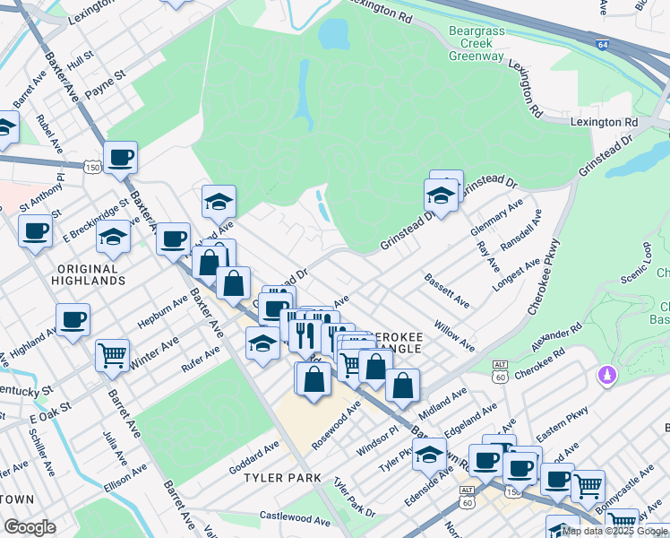 map of restaurants, bars, coffee shops, grocery stores, and more near 1126 Hilliard Avenue in Louisville