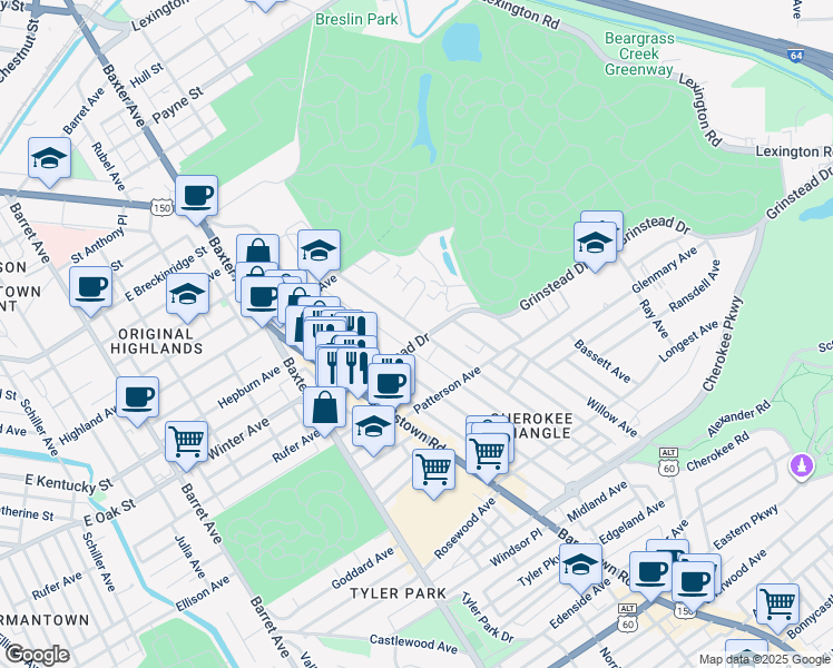 map of restaurants, bars, coffee shops, grocery stores, and more near in Louisville