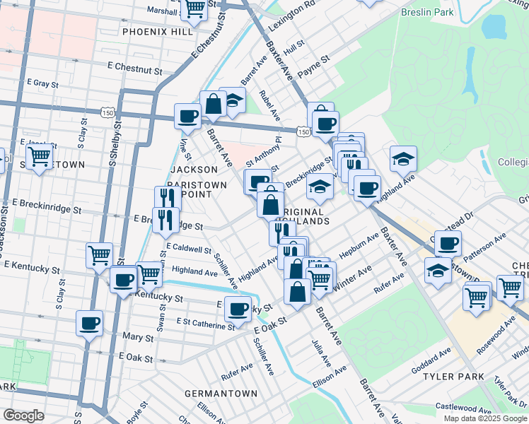 map of restaurants, bars, coffee shops, grocery stores, and more near in Louisville