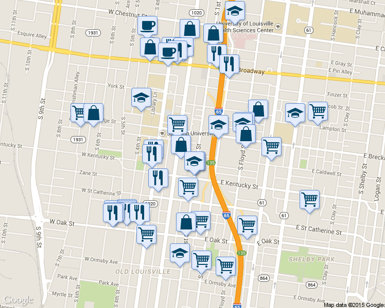 map of restaurants, bars, coffee shops, grocery stores, and more near 950 South 1st Street in Louisville