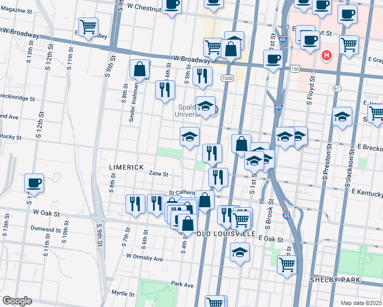 map of restaurants, bars, coffee shops, grocery stores, and more near in Louisville