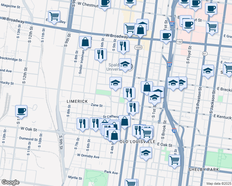 map of restaurants, bars, coffee shops, grocery stores, and more near in Louisville