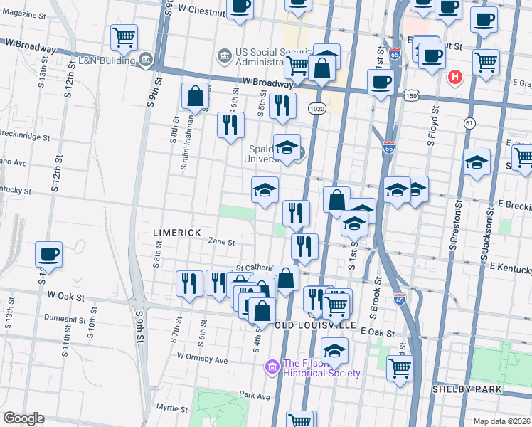 map of restaurants, bars, coffee shops, grocery stores, and more near in Louisville