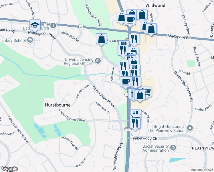 map of restaurants, bars, coffee shops, grocery stores, and more near 9500 Williamsburg Plaza in Louisville