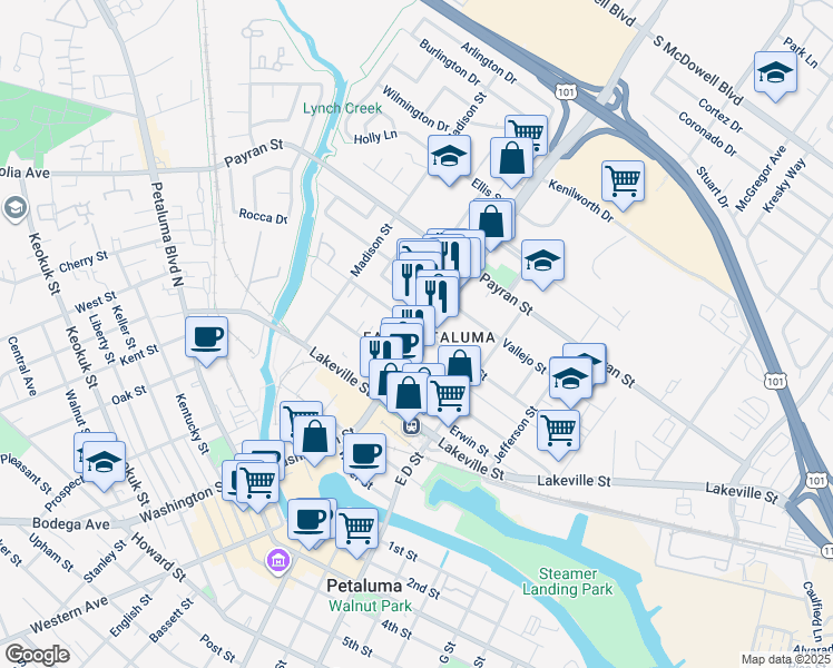 map of restaurants, bars, coffee shops, grocery stores, and more near 218 Edith Street in Petaluma