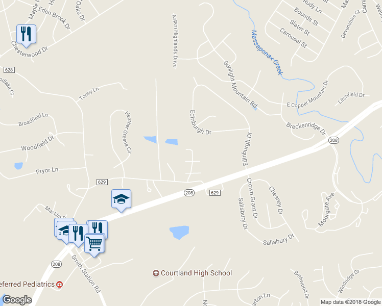 map of restaurants, bars, coffee shops, grocery stores, and more near 10200 Mill Creek Drive in Spotsylvania Courthouse