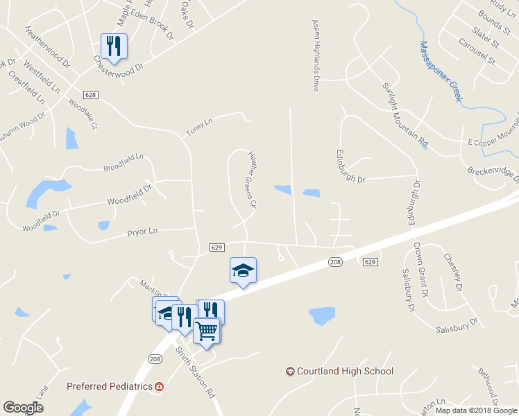 map of restaurants, bars, coffee shops, grocery stores, and more near 10620 Heather Greens Circle in Spotsylvania