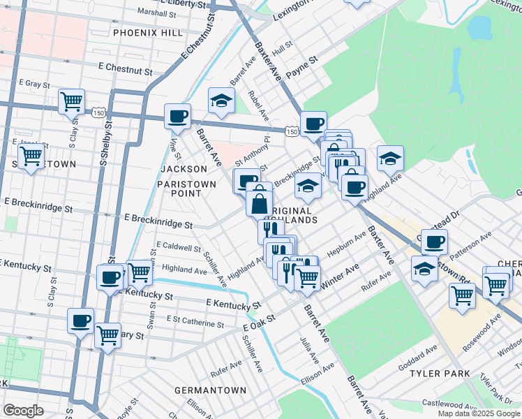 map of restaurants, bars, coffee shops, grocery stores, and more near 1309 Christy Avenue in Louisville