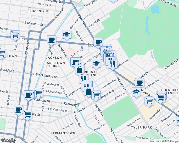 map of restaurants, bars, coffee shops, grocery stores, and more near in Louisville