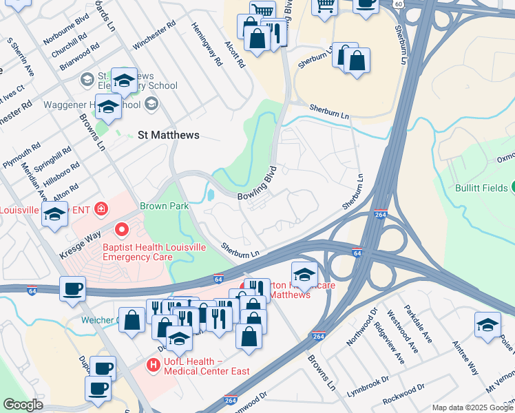 map of restaurants, bars, coffee shops, grocery stores, and more near 100 Mallard Creek Road in Louisville