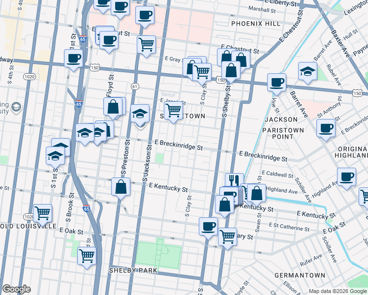 map of restaurants, bars, coffee shops, grocery stores, and more near 910 South Clay Street in Louisville