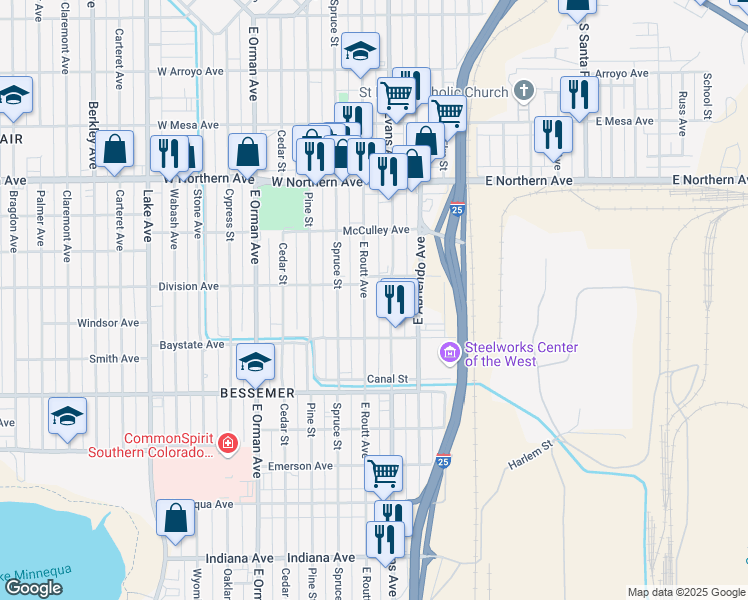 map of restaurants, bars, coffee shops, grocery stores, and more near 1528 East Routt Avenue in Pueblo