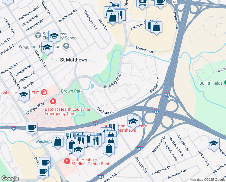 map of restaurants, bars, coffee shops, grocery stores, and more near 100 Mallard Creek Road in Louisville