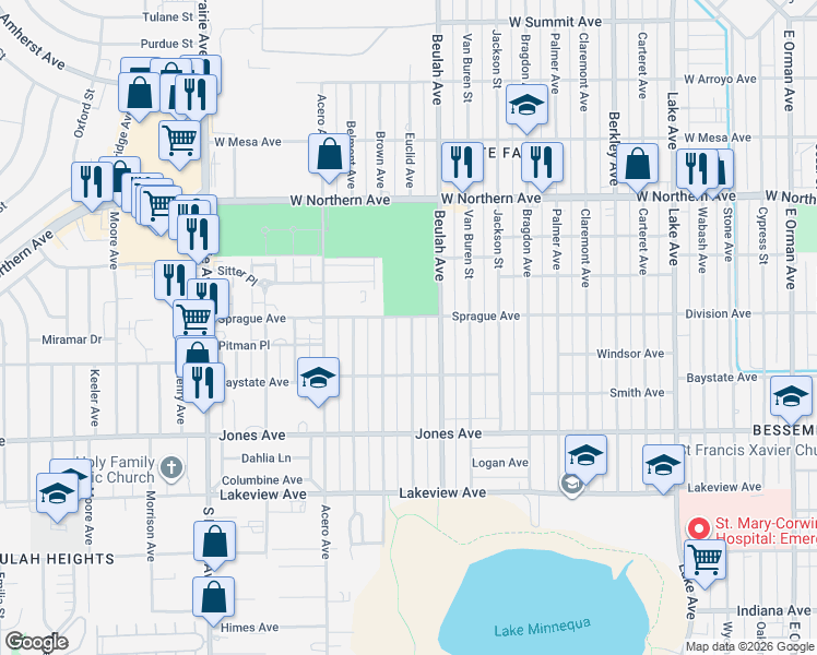 map of restaurants, bars, coffee shops, grocery stores, and more near 1622 Euclid Avenue in Pueblo