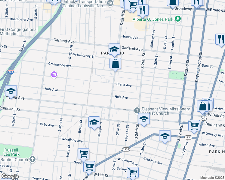 map of restaurants, bars, coffee shops, grocery stores, and more near South 28th Street in Louisville