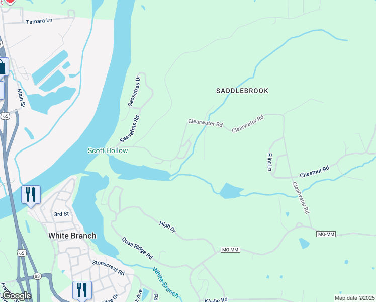 map of restaurants, bars, coffee shops, grocery stores, and more near Granite Drive in Warsaw