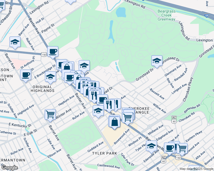 map of restaurants, bars, coffee shops, grocery stores, and more near 1064 Everett Avenue in Louisville