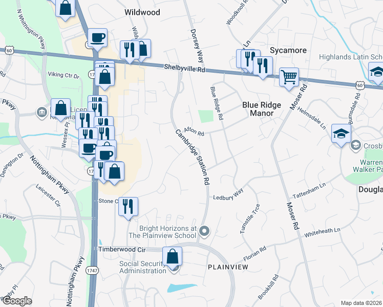 map of restaurants, bars, coffee shops, grocery stores, and more near 310 Cambridge Station Road in Louisville