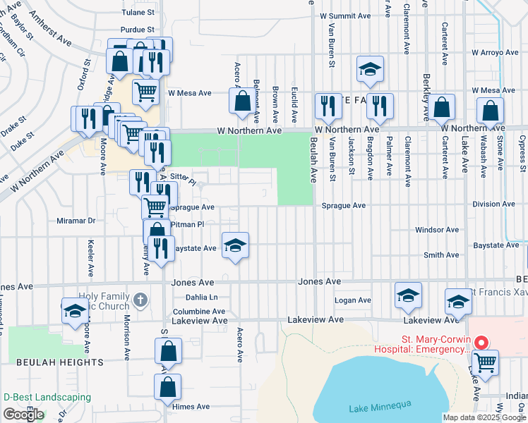 map of restaurants, bars, coffee shops, grocery stores, and more near 1625 Brown Avenue in Pueblo